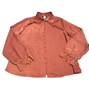 Rachel Zoe Terracotta Satin Lace Cuff Button Front Blouse Top Rust Womens Large